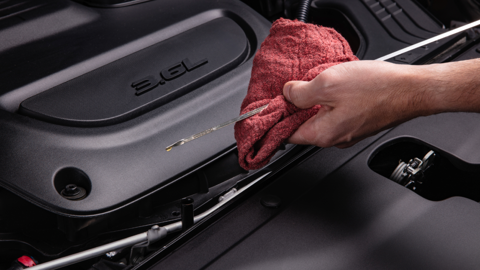 hand holding dipstick and rag checking oil level