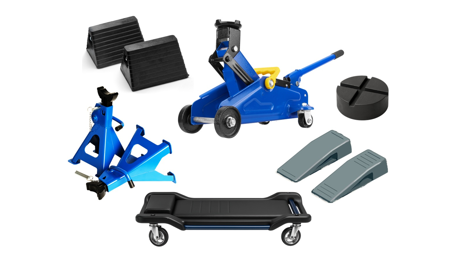 Collage of safety and support equipment including wheel chocks, floor jack with pinch weld adapter, jack stands, vehicle ramps and a creeper