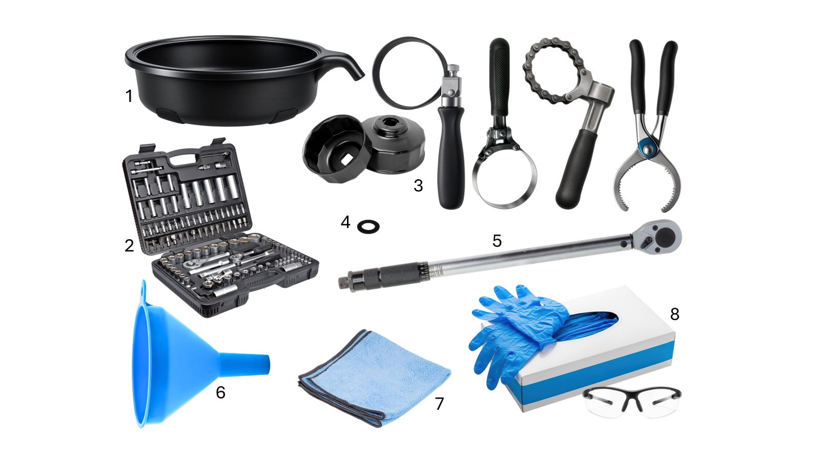 Collage of tools and supplies including oil drain pan, different oil filter wrenches, socket set, torque wrench, funnel, box of nitryl gloves, safety glasses and microfiber shop rag