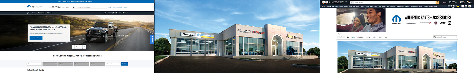 side-by-side screenshots of Mopar store, Chrysler, Dodge, Jeep, Ram dealer, and Mopar Amazon page