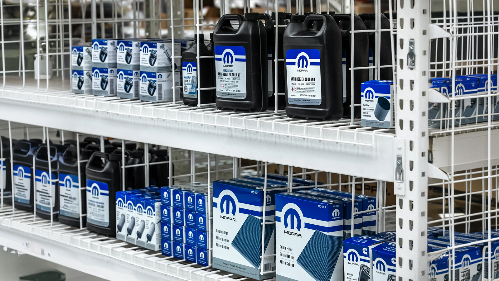 Mopar regular maintenance parts on rack at a Chrysler, Dodge, Jeep and Ram dealership parts department