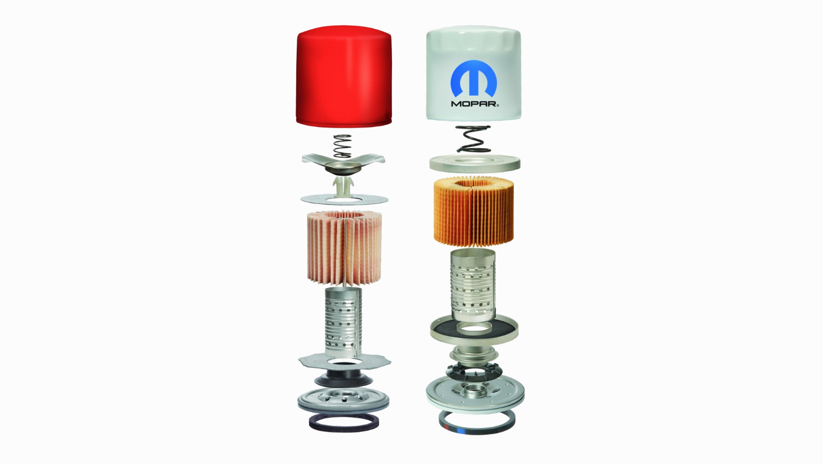 Aftermarket oil filter exploded view on the left with a Mopar oil filter on the right showing different internal components