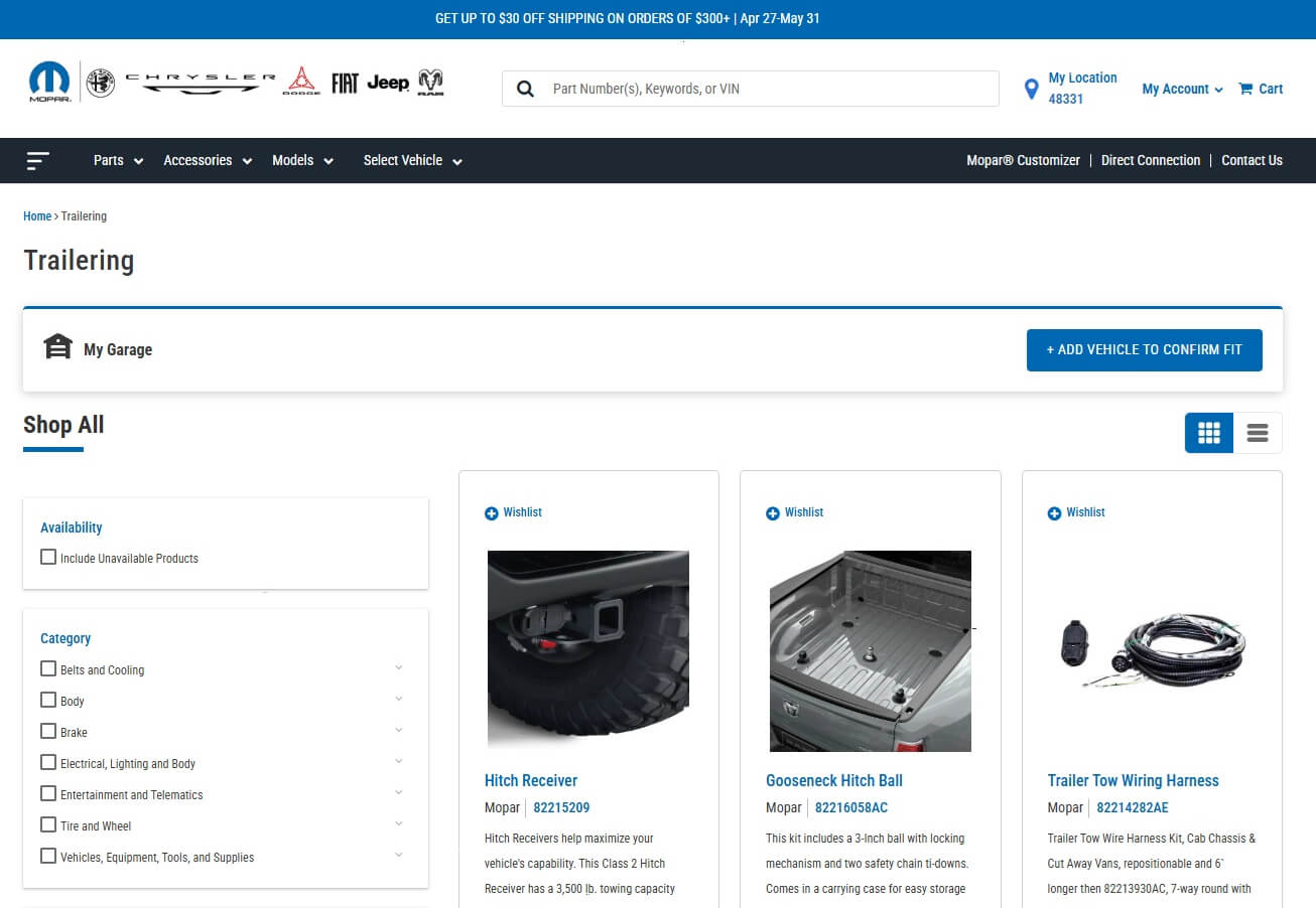 Trailering page of Mopar Store website