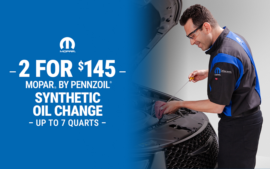2 Mopar® by Pennzoil® Synthetic Oil Changes for $145* – up to 7 qts